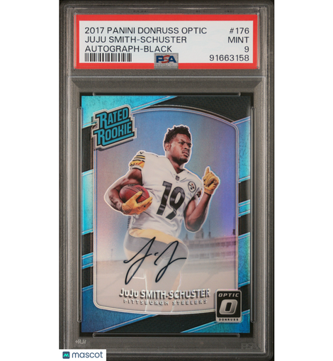 2017 Panini Donruss Optic JuJu Smith-Schuster #176 Black Rookie Autograph numbered /25 PSA 9 graded football card available at MP Sports Cards.