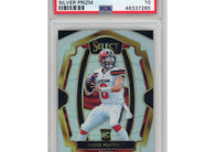2018 Panini Select Baker Mayfield #143 Premier Level Silver Prizm rookie football card professionally graded PSA 10 GEM MINT.