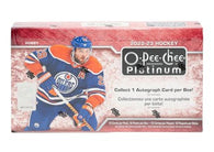 2022-23 Upper Deck O-Pee-Chee Platinum Hockey Hobby Box featuring NHL Marquee Rookies, colorful parallels, numbered cards and autographs.