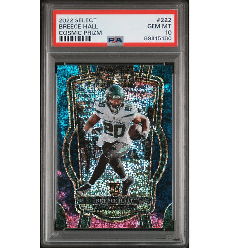 2022 Panini Select Breece Hall #222 Club Level Cosmic Prizm New York Jets rookie football card professionally graded PSA 10 GEM MINT.