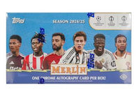 2024-25 Topps Chrome Merlin UEFA Club Competitions Soccer Hobby Box featuring one autograph, numbered parallels, Atomic Refractors, rookies and stars.