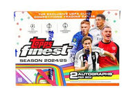 2024-25 Topps Finest UEFA Club Competitions Soccer Hobby Box with two autographs, rookies, stars, colorful parallels and premium Finest inserts.