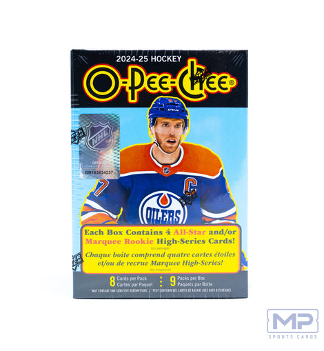 2024-25 Upper Deck O-Pee-Chee Hockey Blaster Box factory-sealed featuring Marquee Rookies, Retro cards, Blaster-exclusive parallels, and NHL trading cards available at MP Sports Cards in Carver, Massachusetts.