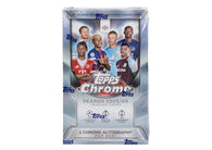 2025-26 Topps Chrome UEFA Club Competitions Soccer Hobby Box featuring Chrome autographs, refractor parallels, UEFA club stars, and factory-sealed Topps soccer cards.