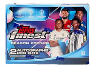 2025-26 Topps Finest UEFA Club Competitions Soccer Hobby Box factory-sealed featuring on-card autographs, Finest Refractors, rookie cards, and premium chrome soccer trading cards available at MP Sports Cards in Carver, Massachusetts.