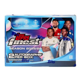 2025-26 Topps Finest UEFA Club Competitions Soccer Hobby Box factory-sealed featuring on-card autographs, Finest Refractors, rookie cards, and premium chrome soccer trading cards available at MP Sports Cards in Carver, Massachusetts.