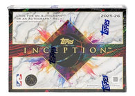 2025-26 Topps Inception NBA Basketball Hobby Box featuring rookie patch autographs, premium memorabilia cards, low-numbered parallels, artistic inserts, and officially licensed NBA trading cards.