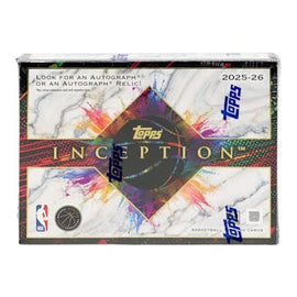 2025-26 Topps Inception NBA Basketball Hobby Box featuring rookie patch autographs, premium memorabilia cards, low-numbered parallels, artistic inserts, and officially licensed NBA trading cards.