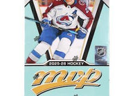 2025-26 Upper Deck MVP Hockey Hobby Box factory-sealed featuring Rookie Redemption cards, Super Script parallels, Colors & Contours inserts, and premium NHL trading cards available at MP Sports Cards in Carver, Massachusetts.