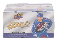 2025-26 Upper Deck MVP Hockey Retail Box factory-sealed featuring Rookie Redemption cards, Retail-exclusive parallels, Colors & Contours inserts, and NHL trading cards available at MP Sports Cards in Carver, Massachusetts.