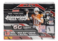 2025 Panini Prizm Draft Picks Football Mega Box featuring Mega-exclusive Prizm parallels, top 2025 NFL Draft prospects, autograph cards, inserts, and premium collegiate football trading cards.