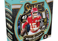 2025 Panini Select Football Mega Box featuring premium chromium NFL trading cards, Mega Box-exclusive Prizm parallels, Concourse, Premier Level, Field Level rookie cards, autographs, and memorabilia cards.