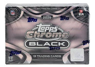 2025 Topps Chrome Black Football Hobby Box factory-sealed featuring Chrome Black autograph cards, Chrome Refractors, rookie cards, and premium NFL trading cards available at MP Sports Cards in Carver, Massachusetts.