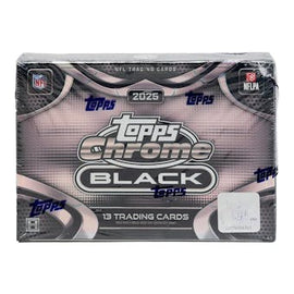 2025 Topps Chrome Black Football Hobby Box factory-sealed featuring Chrome Black autograph cards, Chrome Refractors, rookie cards, and premium NFL trading cards available at MP Sports Cards in Carver, Massachusetts.