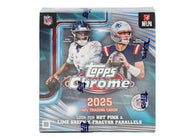 2025 Topps Chrome Football Mega Box with 42 NFL trading cards and exclusive Hot Pink and Lime Green X-Fractor parallels.