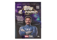 2025 Topps Marvel Studios Chrome Blaster Box with 28 cards, four exclusive RayWave parallels, MCU characters, autographs and sketch card chases.