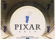 2025 Topps Pixar Gold Hobby Box featuring Pixar characters, iconic movie moments, Gold parallels, exclusive inserts, autograph cards, sketch cards, and premium Disney trading cards.