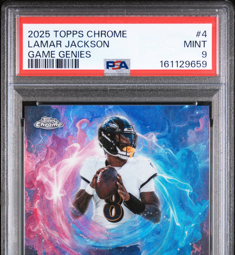 2025 Topps Chrome Football Lamar Jackson Game Genies #4 Baltimore Ravens quarterback insert card professionally graded PSA 9 MINT.