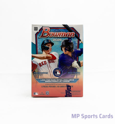 2026 Bowman Baseball Value Box factory-sealed featuring exclusive Green Parallel cards, 1st Bowman Chrome Prospect cards, autograph cards, and premium MLB trading cards available at MP Sports Cards in Carver, Massachusetts.