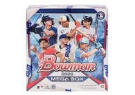 2026 Bowman Baseball Mega Box factory-sealed featuring exclusive Mega Chrome Refractors, 1st Bowman Chrome Prospect cards, autograph cards, and premium MLB trading cards available at MP Sports Cards in Carver, Massachusetts.
