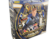 2026 Panini Select Racing NASCAR Mega Box featuring premium chromium-style NASCAR trading cards, Mega Box-exclusive Prizm parallels, tiered base cards, autographs, memorabilia cards, and colorful Select inserts.