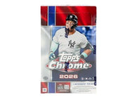 2026 Topps Chrome Baseball Value Box featuring MLB rookie cards, Chrome refractors, exclusive retail parallels, inserts, and autograph chase cards.