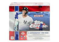 2026 Topps Chrome Baseball Jumbo Box featuring Chrome rookie cards, autograph cards, refractor parallels, numbered color variations, and premium MLB trading cards.
