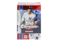 2026 Topps Chrome Baseball Value Box featuring MLB rookie cards, Chrome refractors, exclusive retail parallels, inserts, and autograph chase cards.