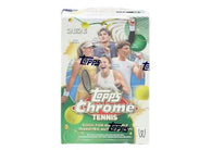 2026 Topps Chrome Tennis Value Box with 28 cards featuring tennis stars, exclusive RayWave and Shimmer Refractors, autographs and rare inserts.