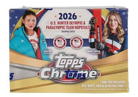 2026 Topps Chrome U.S. Winter Olympic Team Value Box factory sealed featuring Team USA Winter Olympic athletes, Chrome refractors, autographs, and exclusive Value Box parallels available at MP Sports Cards in Carver, Massachusetts.