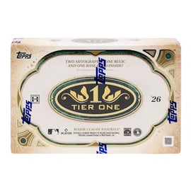 2026 Topps Tier One Baseball Hobby Box factory-sealed featuring premium on-card autographs, game-used memorabilia cards, and high-end MLB trading cards available at MP Sports Cards in Carver, Massachusetts.