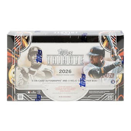 2026 Topps Tribute Baseball Hobby Box featuring premium baseball trading cards, hard-signed autographs, game-used memorabilia cards, low-numbered parallels, Hall of Famers, rookies, and MLB superstars.