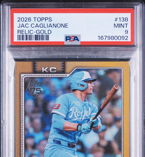 2026 Topps Jac Caglianone #138 Game-Used Relic Gold numbered to 50 Kansas City Royals baseball card graded PSA 9 MINT.