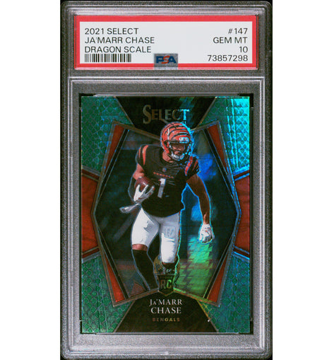 2021 Panini Select Ja'Marr Chase #147 Premier Level Dragon Scale Prizm rookie numbered to 89 and professionally graded PSA 10 GEM MINT.