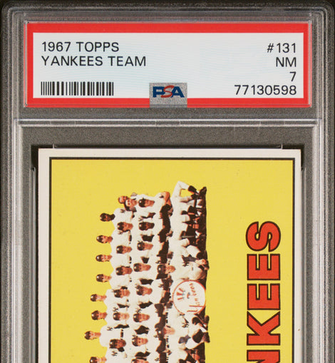 1967 Topps New York Yankees Team #131 vintage baseball card featuring the Mickey Mantle era Yankees professionally graded PSA 7 NM.