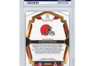 2018 Panini Select Baker Mayfield #143 Premier Level Silver Prizm rookie football card professionally graded PSA 10 GEM MINT.