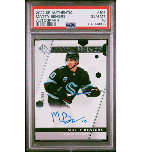 2022-23 Upper Deck SP Authentic Matty Beniers #103 Future Watch Autograph rookie numbered to 999 Seattle Kraken hockey card graded PSA 10.