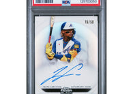 2025 Topps Chrome Black Ronald Acuna Jr. Ivory Autograph #IVA-RA serial numbered to 50 Atlanta Braves baseball card graded PSA 10 GEM MINT.