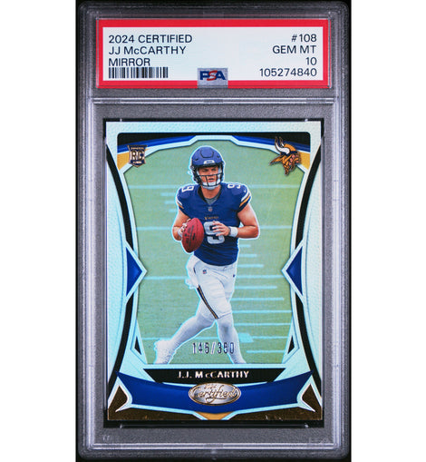 2024 Panini Certified J.J. McCarthy #108 Mirror rookie numbered to 350 Minnesota Vikings football card graded PSA 10 GEM MINT.