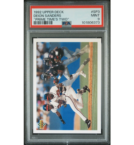 1992 Upper Deck Deion Sanders Prime Time’s Two #SP3 Atlanta Braves and Falcons two-sport card professionally graded PSA 9 MINT.