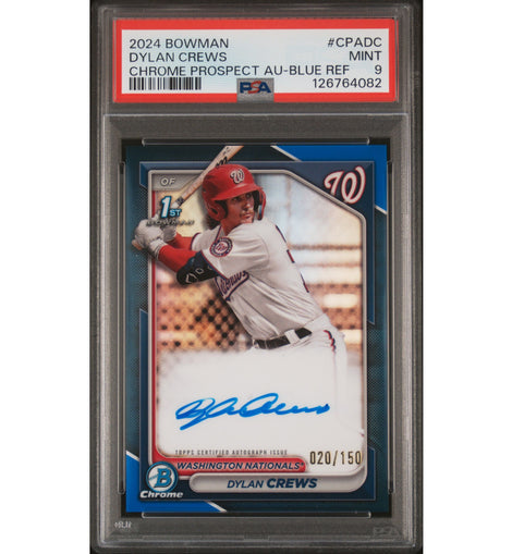 2024 Bowman Chrome Dylan Crews #CPA-DC Blue Refractor autograph numbered to 150 Washington Nationals baseball card graded PSA 9 MINT.