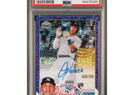 2023 Topps Chrome Oswald Peraza #RA-OP Purple Speckle Refractor rookie autograph numbered to 299 graded PSA 10 GEM MINT.