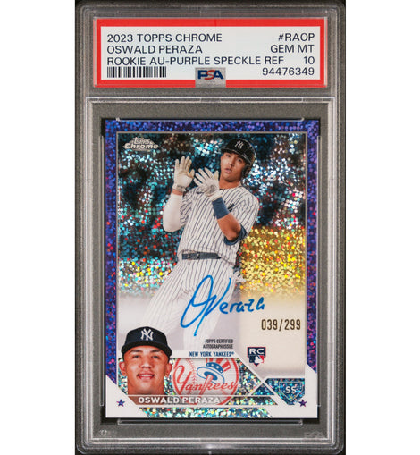 2023 Topps Chrome Oswald Peraza #RA-OP Purple Speckle Refractor rookie autograph numbered to 299 graded PSA 10 GEM MINT.