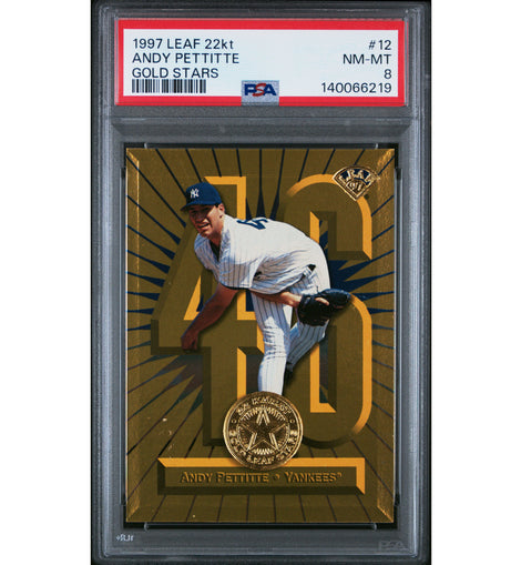 1997 Leaf 22 Karat Gold Leaf Stars Andy Pettitte #12 serial numbered to 2500 New York Yankees baseball card graded PSA 8 NM-MT.