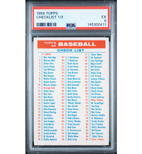 1956 Topps Checklist 1/3 vintage baseball card professionally graded PSA 5 EX.