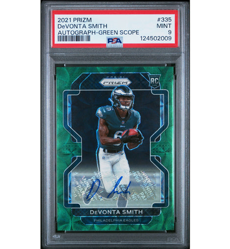 2021 Panini Prizm DeVonta Smith #335 Green Scope rookie autograph numbered to 75 Philadelphia Eagles football card graded PSA 9 MINT.