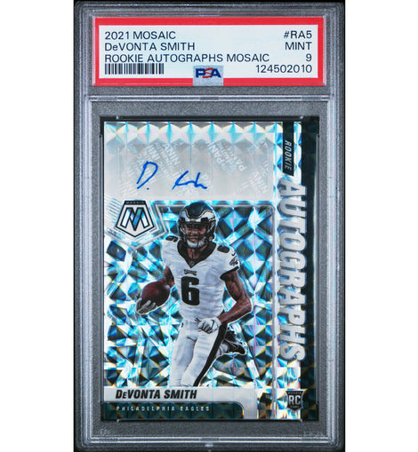 2021 Panini Mosaic DeVonta Smith Rookie Autographs Mosaic #RA-5 Philadelphia Eagles rookie autograph football card graded PSA 9 MINT.