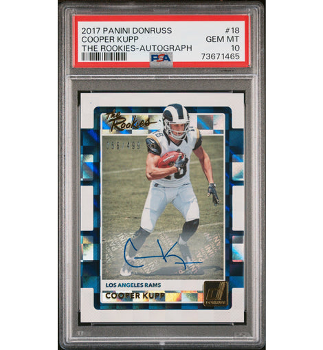 2017 Panini Donruss The Rookies Cooper Kupp #18 rookie autograph numbered to 499 Los Angeles Rams football card graded PSA 10 GEM MINT.