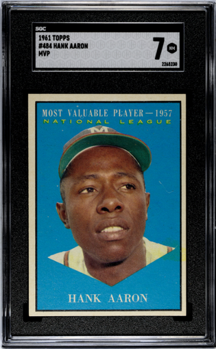 1961 Topps Hank Aaron MVP #484 Milwaukee Braves Hall of Fame vintage baseball card professionally graded SGC 7 NM.