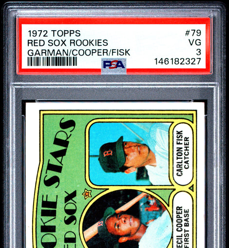 1972 Topps Red Sox Rookies #79 Carlton Fisk Cecil Cooper Mike Garman rookie card graded PSA 3 VG vintage Boston Red Sox baseball card.